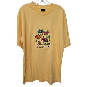 Le Best Cancun Souvenir T-Shirt Mens Large Yellow Embroidered Tropical Fish Tee